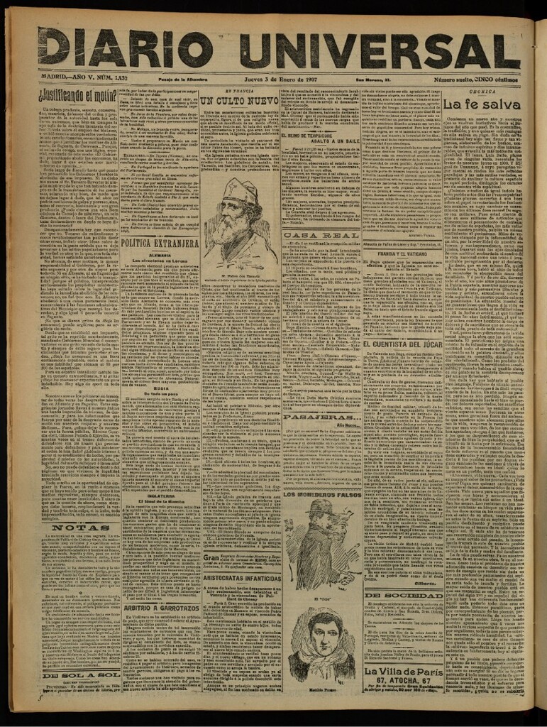 Miniatura de Diario Universal del 3 de enero de 1907, edición de noche
