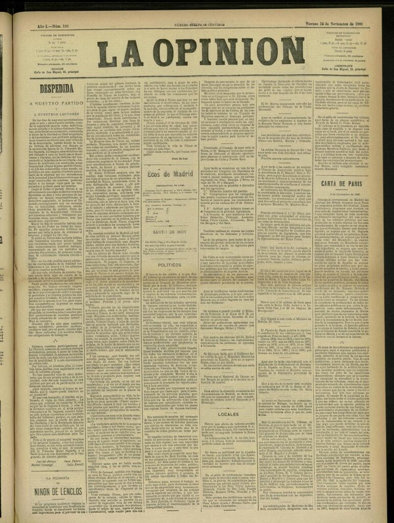 Miniatura de La Opinión del 12 de noviembre de 1886, nº 192