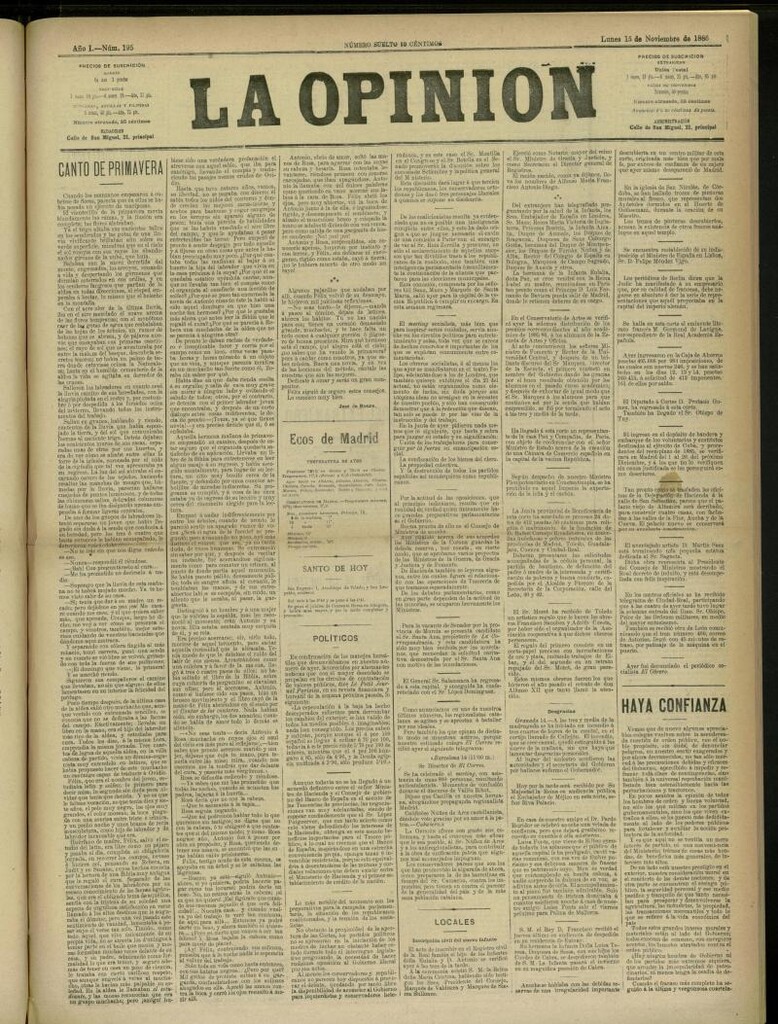 Miniatura de La Opinión del 15 de noviembre de 1886, nº 195