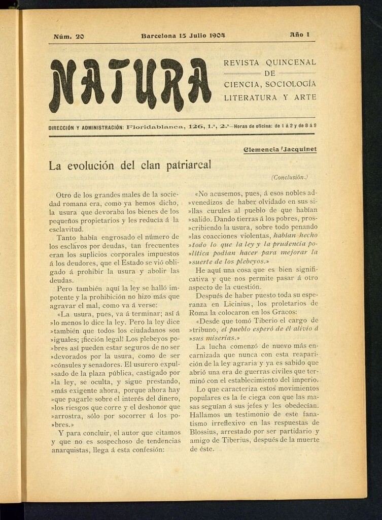 Miniatura de Natura : revista quincenal de ciencia, sociología, literatura y arte del 15 de julio de 1904