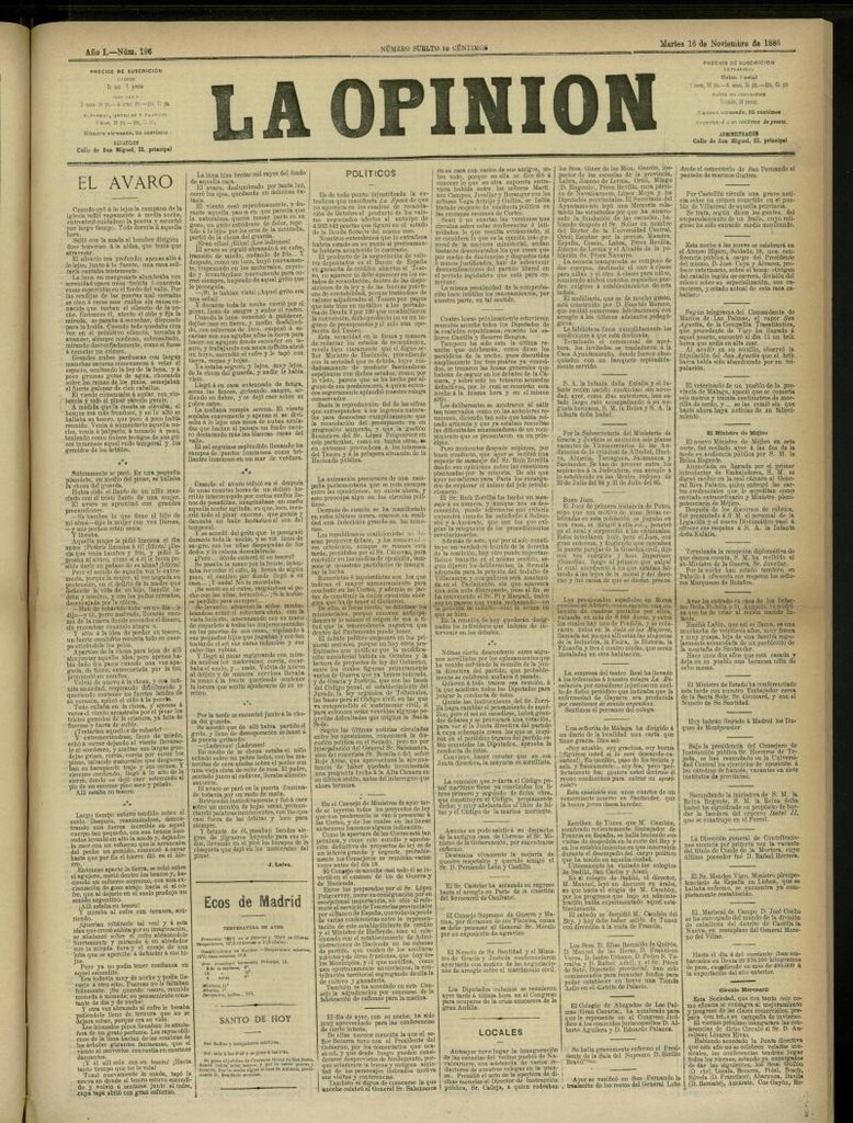 Miniatura de La Opinión del 16 de noviembre de 1886, nº 196