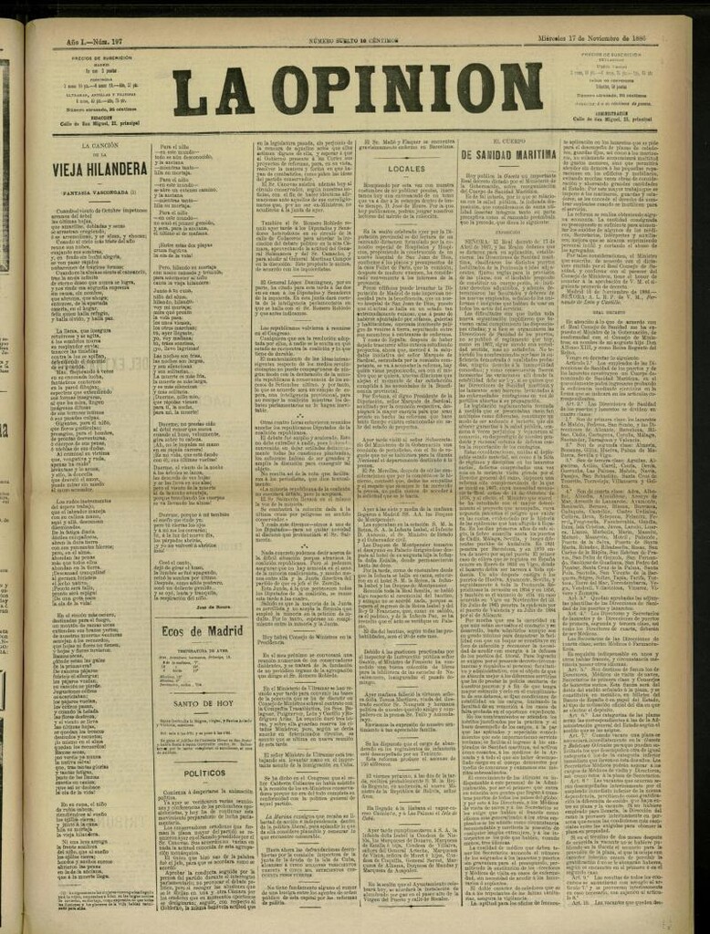 Miniatura de La Opinión del 17 de noviembre de 1886, nº 197