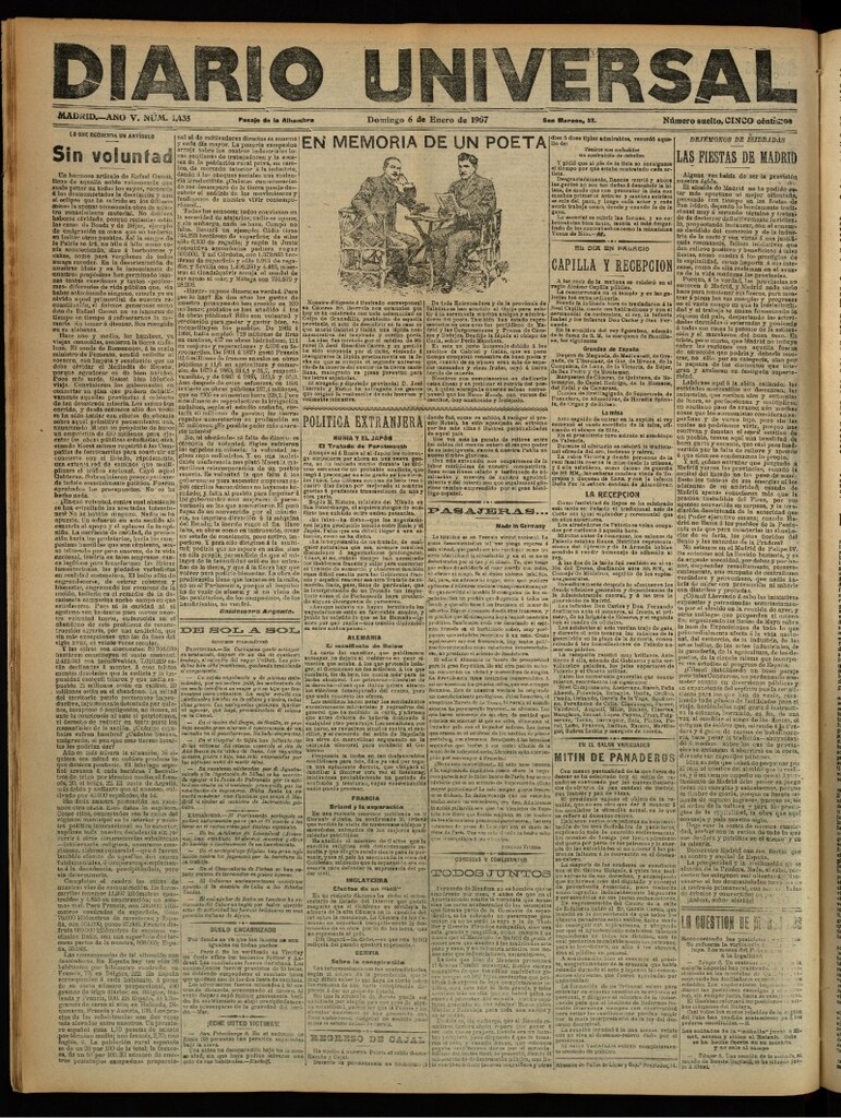 Miniatura de Diario Universal del 6 de enero de 1907, edición de noche