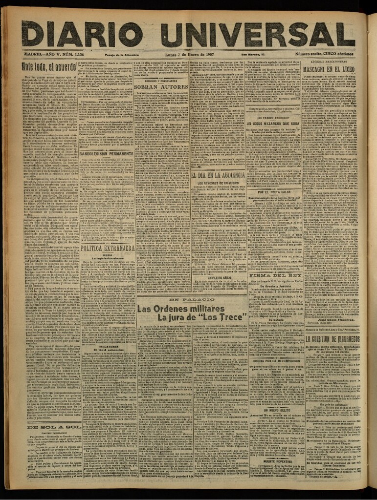 Miniatura de Diario Universal del 7 de enero de 1907, edición de noche