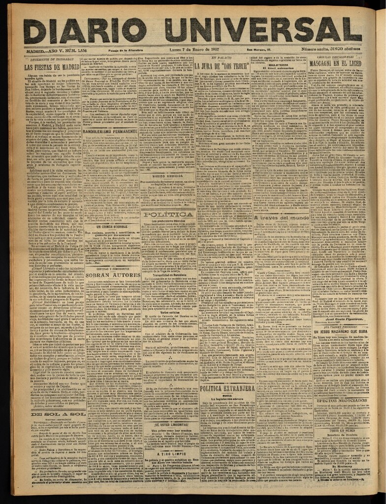 Miniatura de Diario Universal del 7 de enero de 1907, edición de tarde