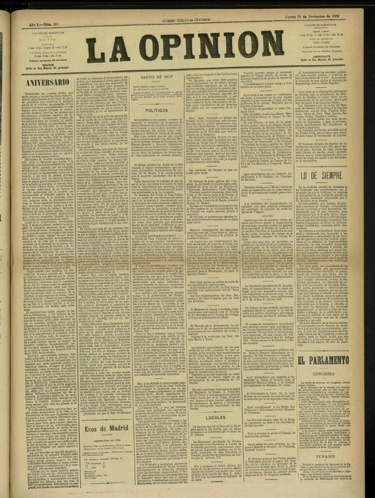 Miniatura de La Opinión del 25 de noviembre de 1886, nº 205