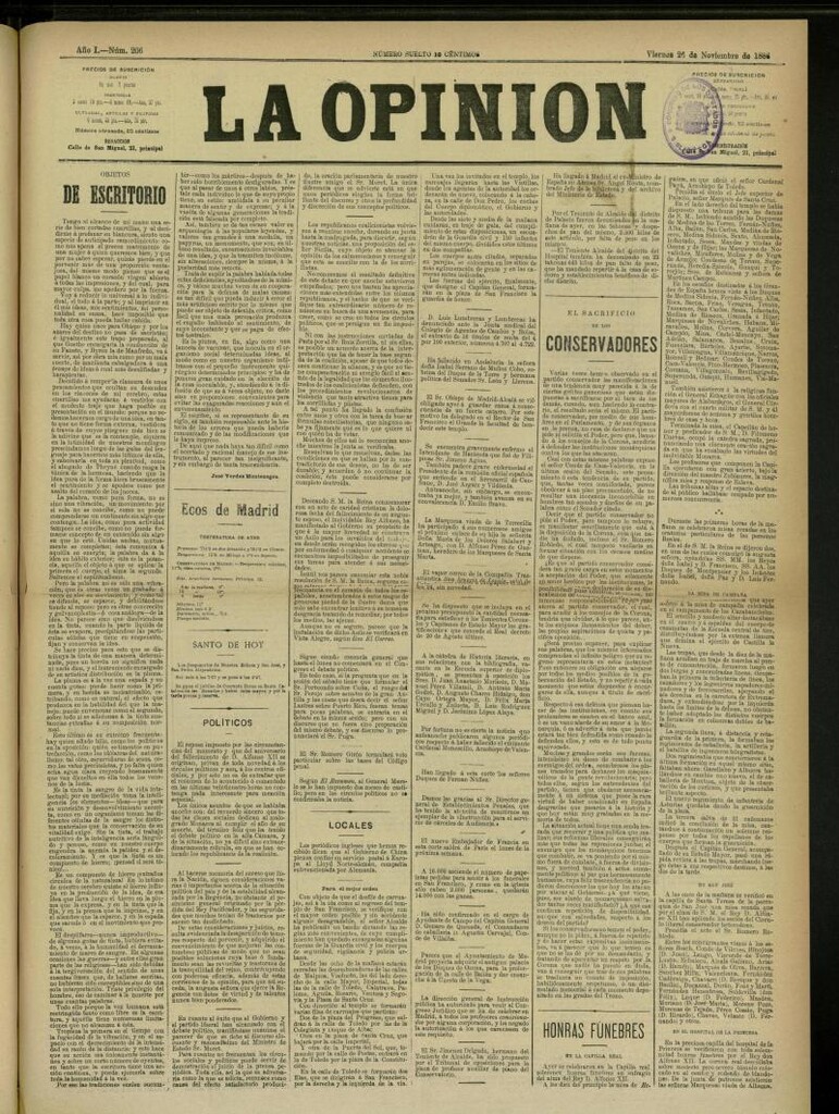 Miniatura de La Opinión del 26 de noviembre de 1886, nº 206