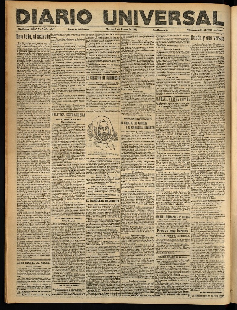 Miniatura de Diario Universal del 8 de enero de 1907, edición de tarde