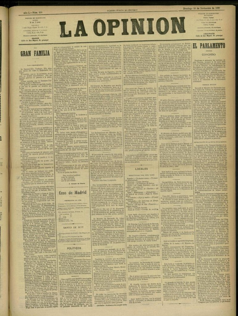 Miniatura de La Opinión del 28 de noviembre de 1886, nº 208
