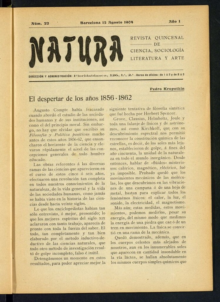 Miniatura de Natura : revista quincenal de ciencia, sociología, literatura y arte del 15 de agosto de 1904