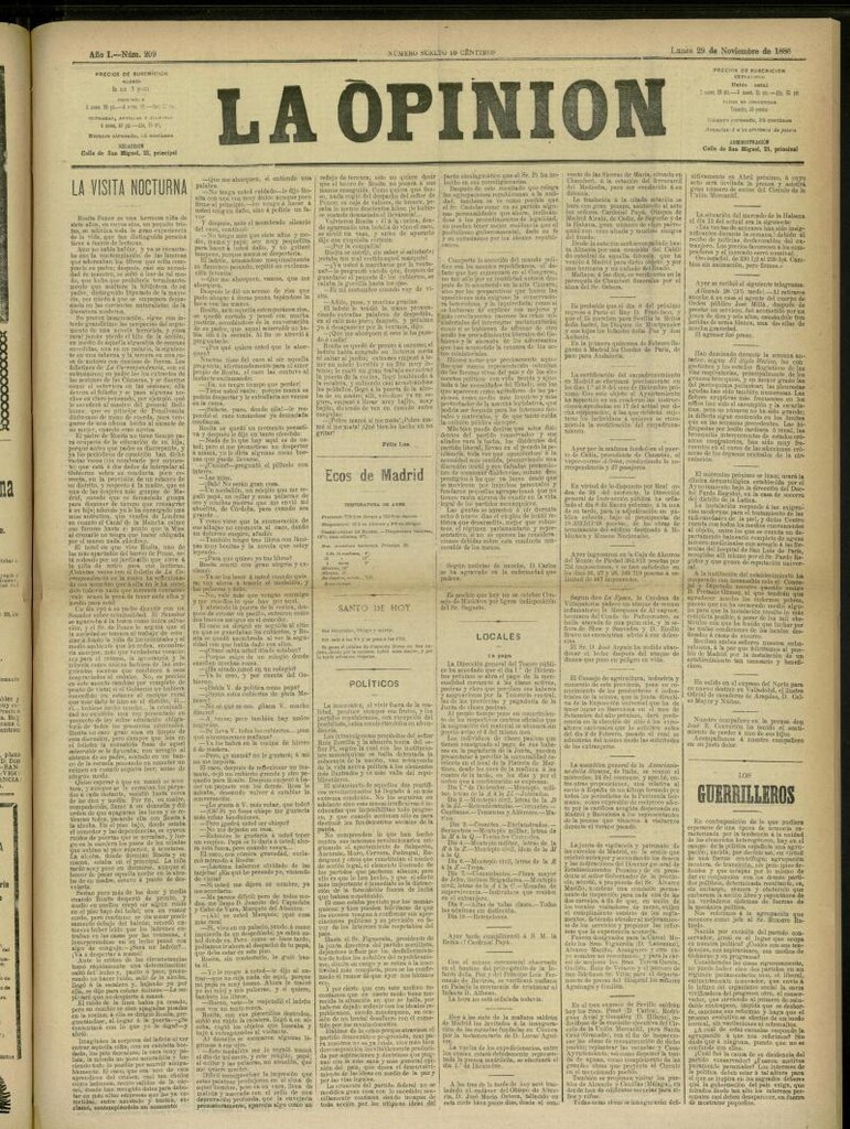Miniatura de La Opinión del 29 de noviembre de 1886, nº 209