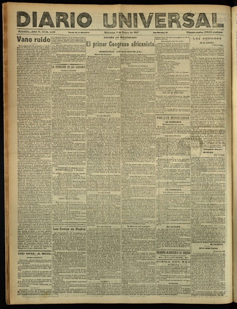 Miniatura de Diario Universal del 9 de enero de 1907, edición de noche
