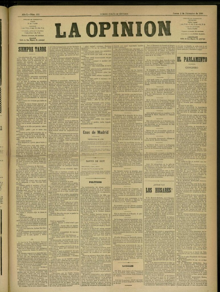 Miniatura de La Opinión del 2 de diciembre de 1886, nº 212