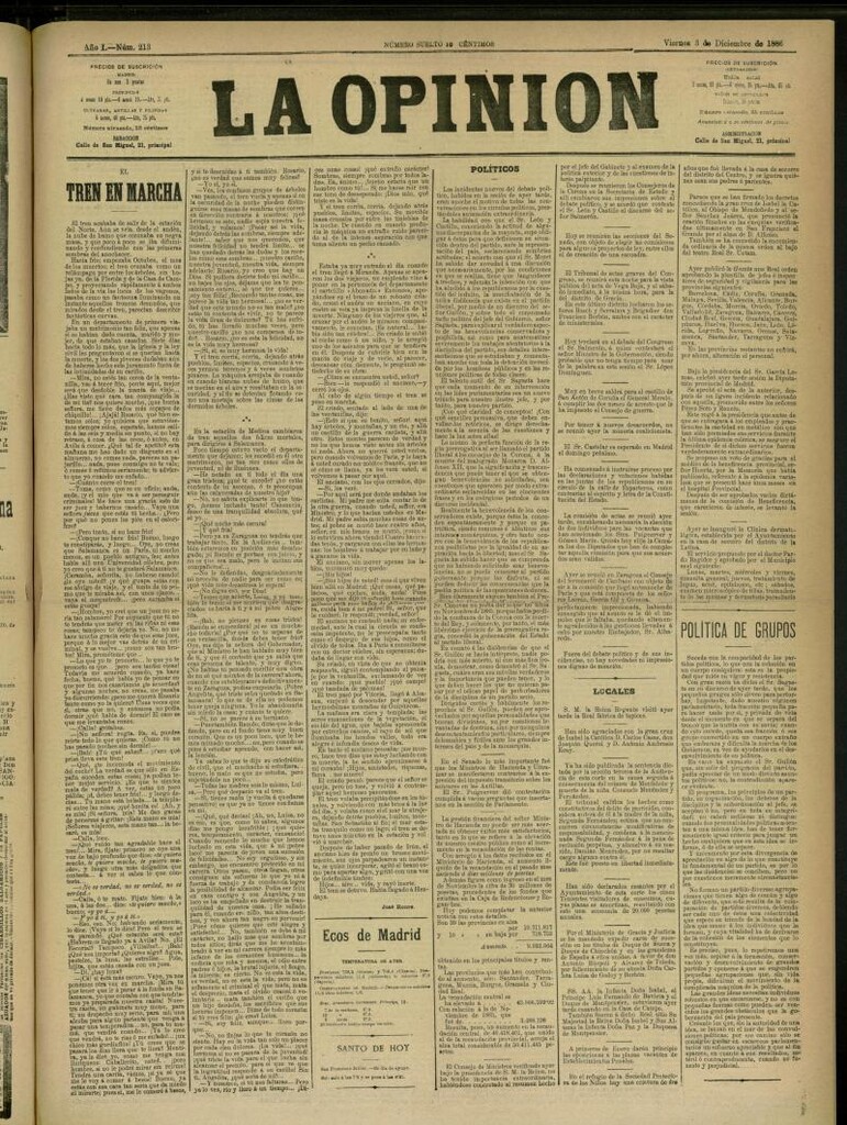 Miniatura de La Opinión del 3 de diciembre de 1886, nº 213