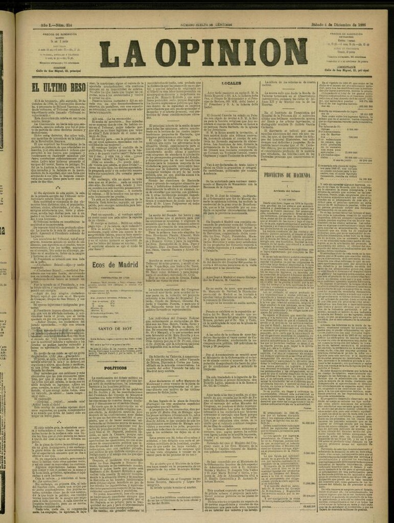 Miniatura de La Opinión del 4 de diciembre de 1886, nº 214