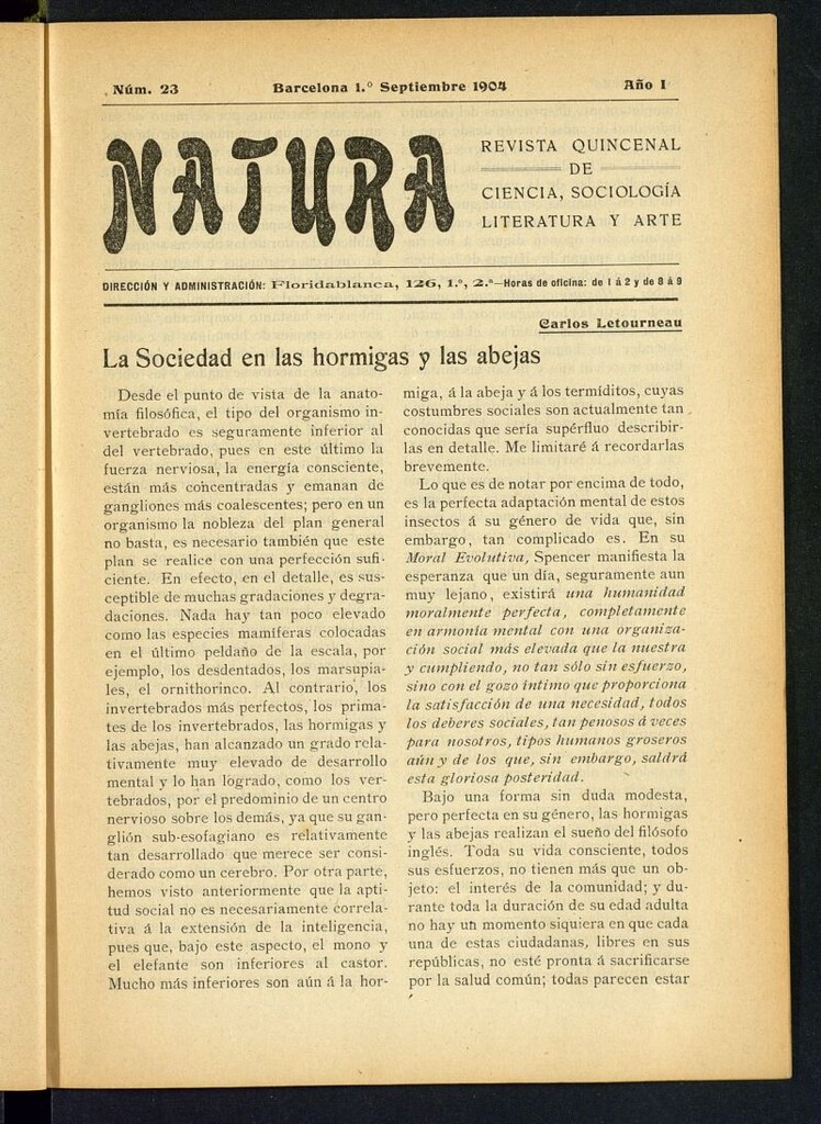 Miniatura de Natura : revista quincenal de ciencia, sociología, literatura y arte del 1 de septiembre de 1904