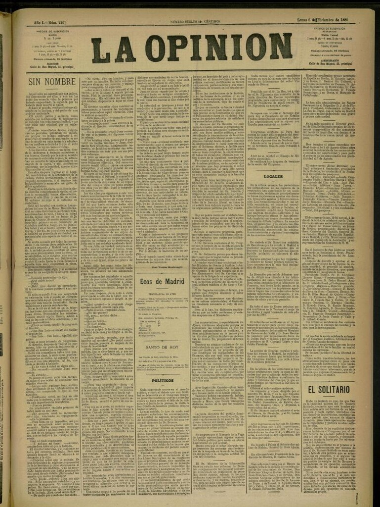 Miniatura de La Opinión del 6 de diciembre de 1886, nº 216