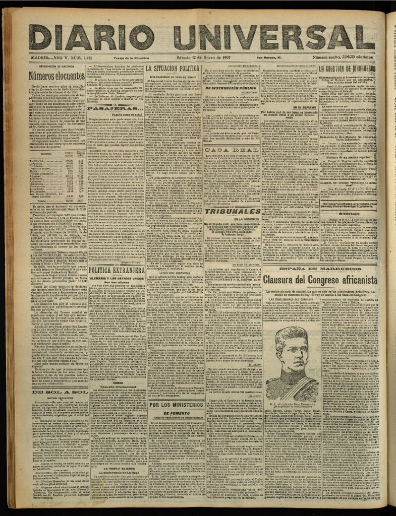 Miniatura de Diario Universal del 12 de enero de 1907, edición de noche