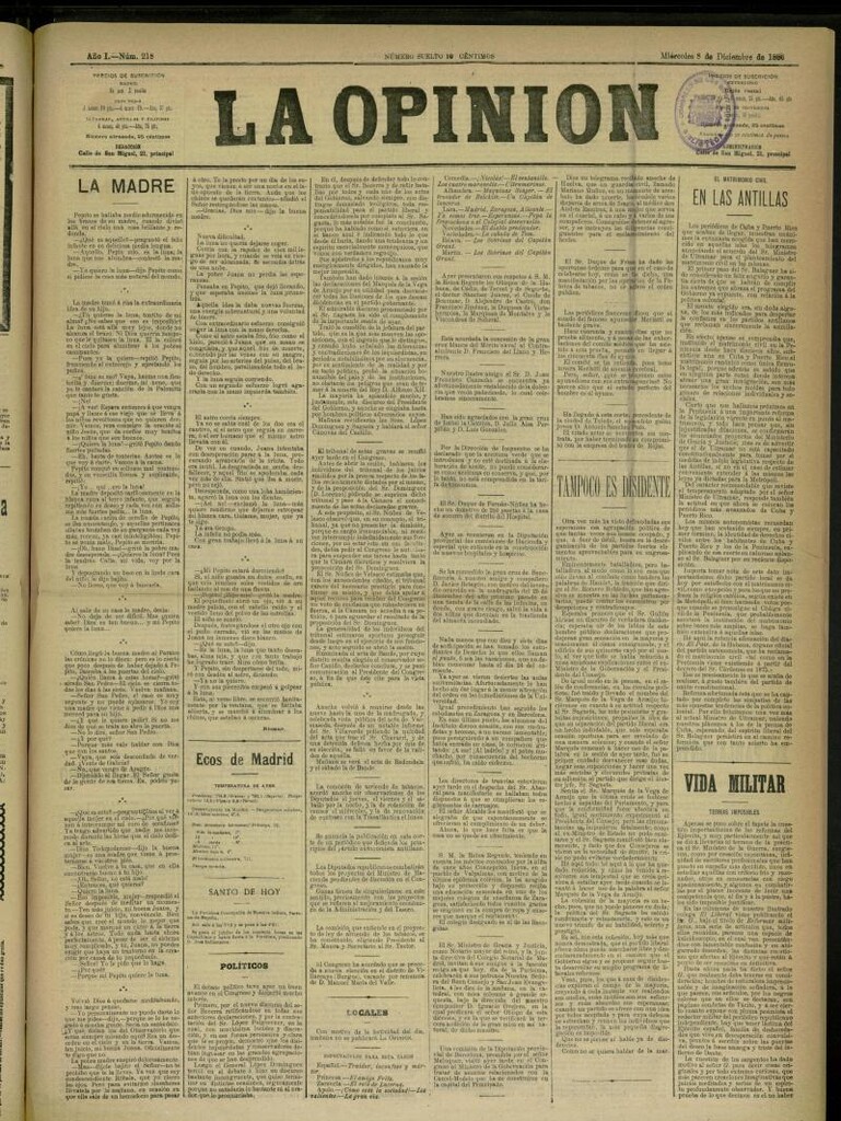 Miniatura de La Opinión del 8 de diciembre de 1886, nº 218