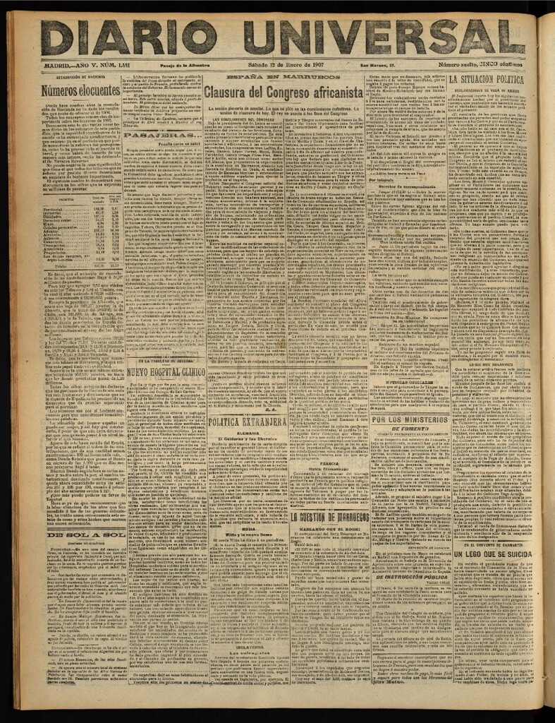 Miniatura de Diario Universal del 12 de enero de 1907, edición de tarde