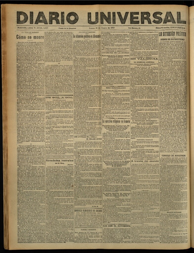 Miniatura de Diario Universal del 14 de enero de 1907, edición de noche