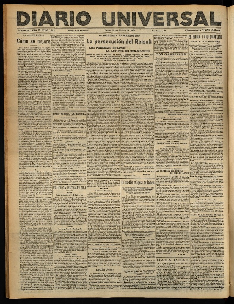 Miniatura de Diario Universal del 14 de enero de 1907, edición de tarde