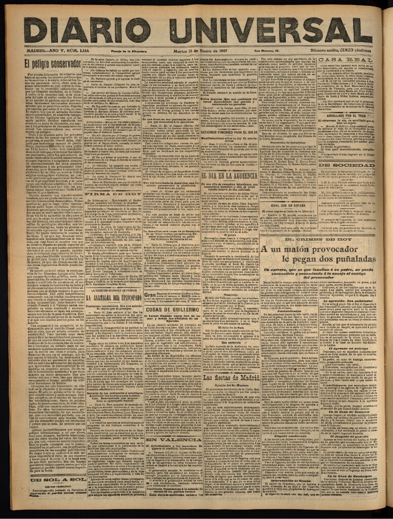 Miniatura de Diario Universal del 15 de enero de 1907, edición de noche