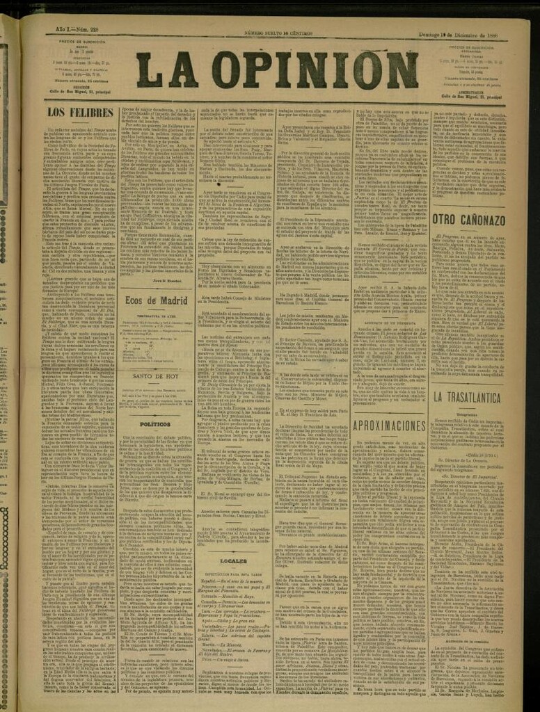 Miniatura de La Opinión del 19 de diciembre de 1886, nº 228