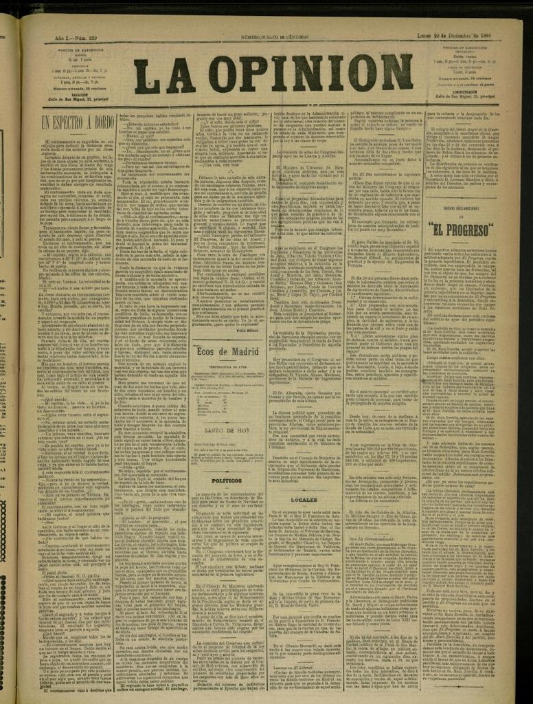 Miniatura de La Opinión del 20 de diciembre de 1886, nº 229