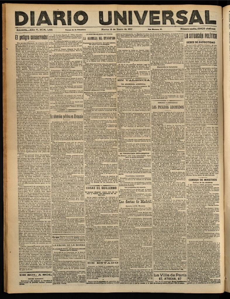Miniatura de Diario Universal del 15 de enero de 1907, edición de tarde