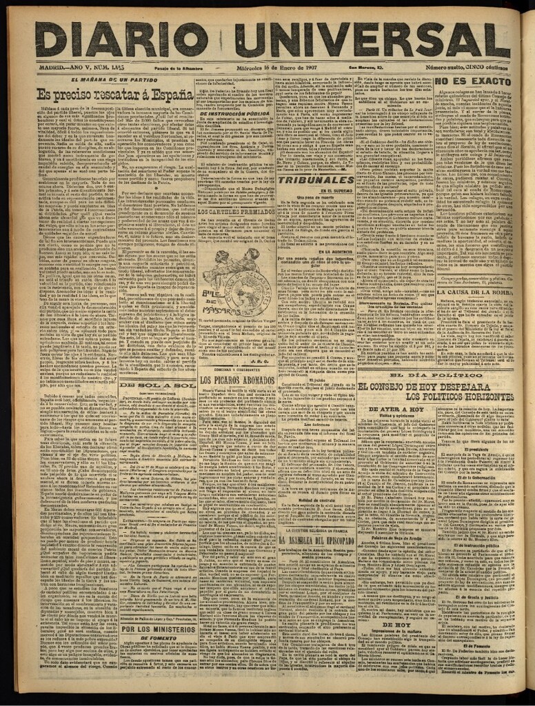 Miniatura de Diario Universal del 16 de enero de 1907, edición de noche