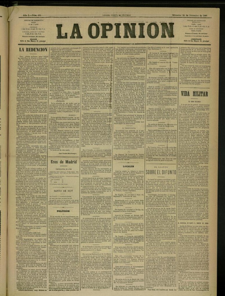 Miniatura de La Opinión del 22 de diciembre de 1886, nº 231