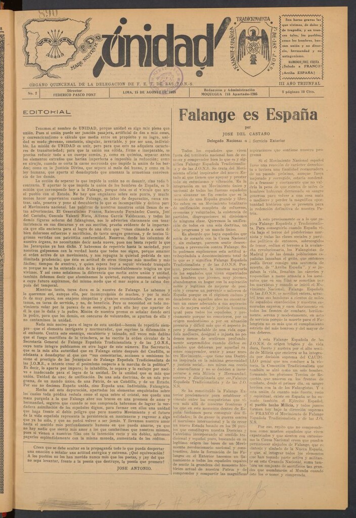 Miniatura de ¡Unidad! : órgano quincenal de la delegación de F.E.T. de las J.O.N.S. del 15 de agosto de 1938