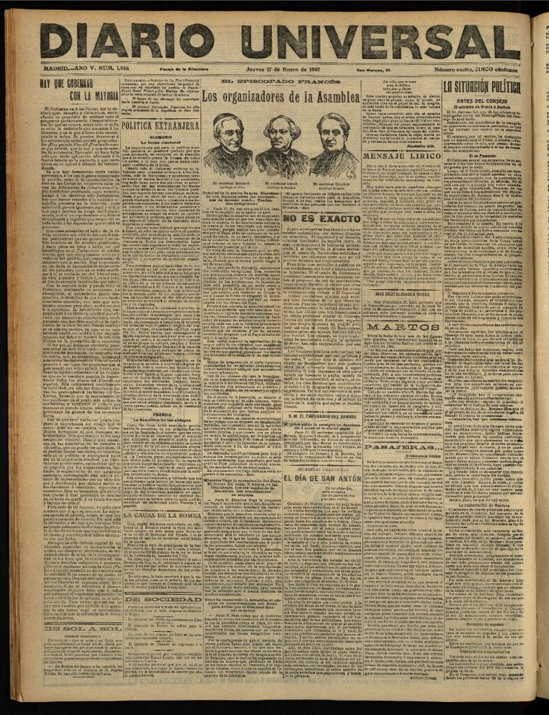 Miniatura de Diario Universal del 17 de enero de 1907, edición de tarde