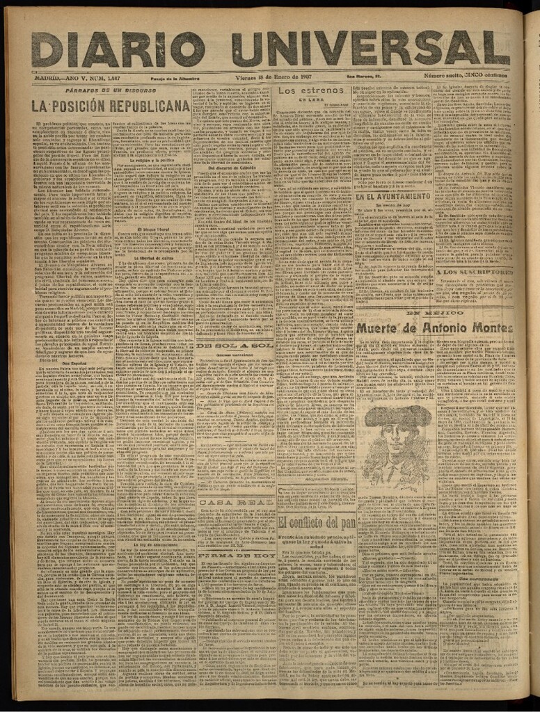 Miniatura de Diario Universal del 18 de enero de 1907, edición de noche