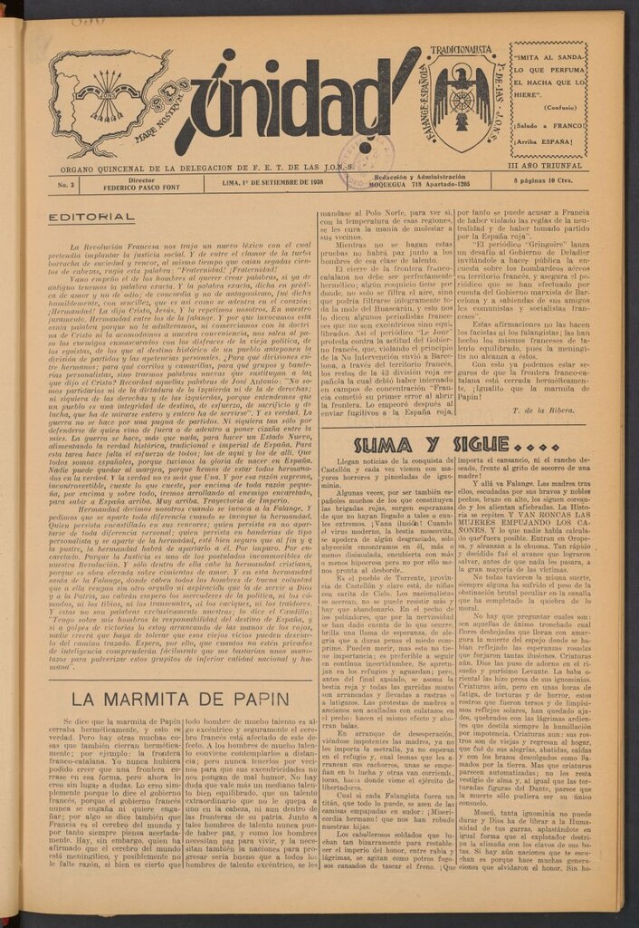Miniatura de ¡Unidad! : órgano quincenal de la delegación de F.E.T. de las J.O.N.S. del 1 de septiembre de 1938