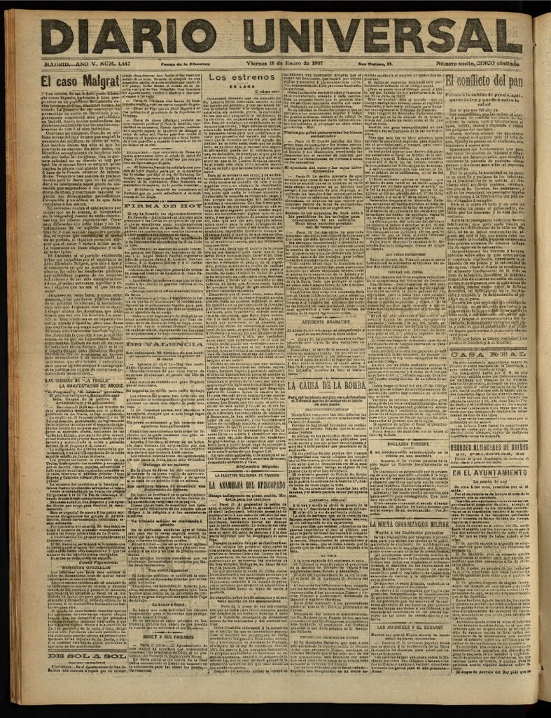 Miniatura de Diario Universal del 18 de enero de 1907, edición de tarde