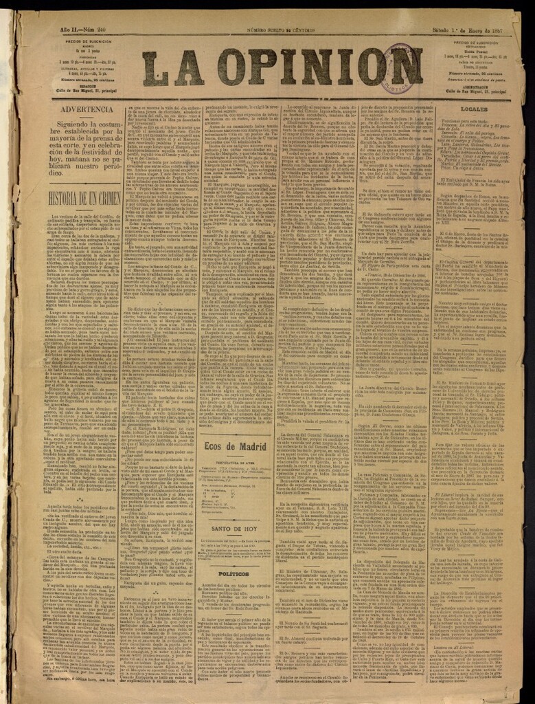 Miniatura de La Opinión del 1 de enero de 1887, nº 240