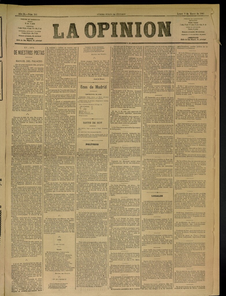 Miniatura de La Opinión del 3 de enero de 1887, nº 241