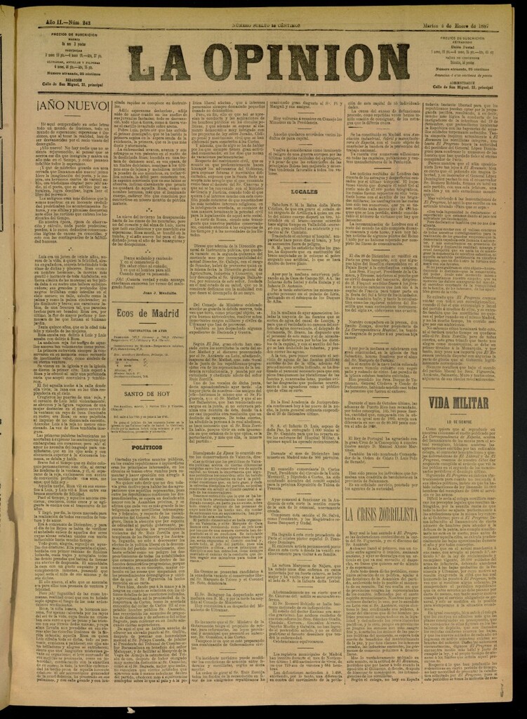 Miniatura de La Opinión del 4 de enero de 1887, nº 242