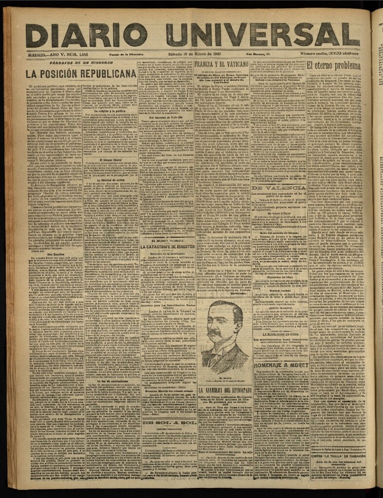 Miniatura de Diario Universal del 19 de enero de 1907, edición de tarde