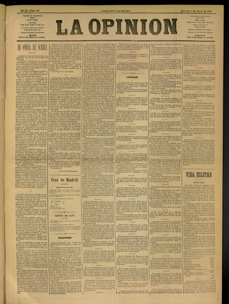 Miniatura de La Opinión del 5 de enero de 1887, nº 243