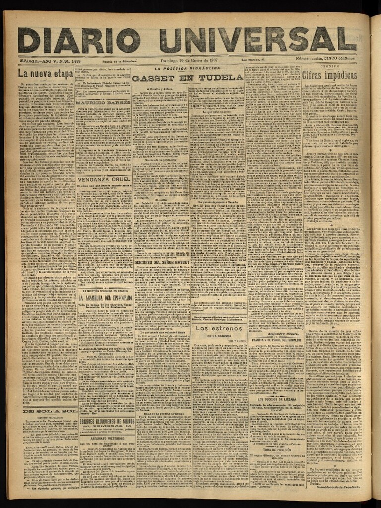 Miniatura de Diario Universal del 20 de enero de 1907, edición de noche