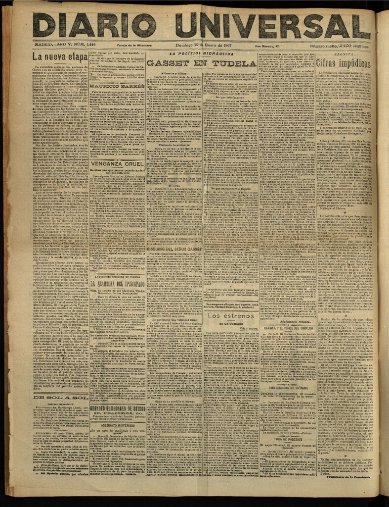 Miniatura de Diario Universal del 20 de enero de 1907, edición de tarde