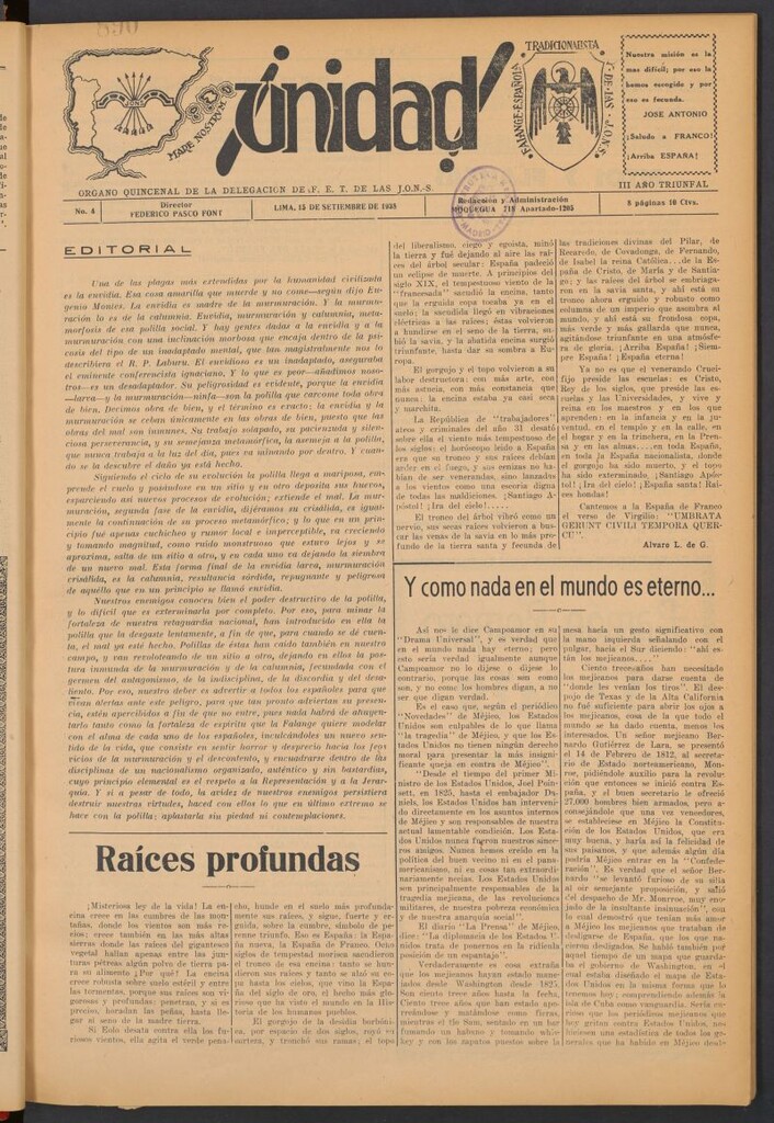 Miniatura de ¡Unidad! : órgano quincenal de la delegación de F.E.T. de las J.O.N.S. del 15 de septiembre de 1938