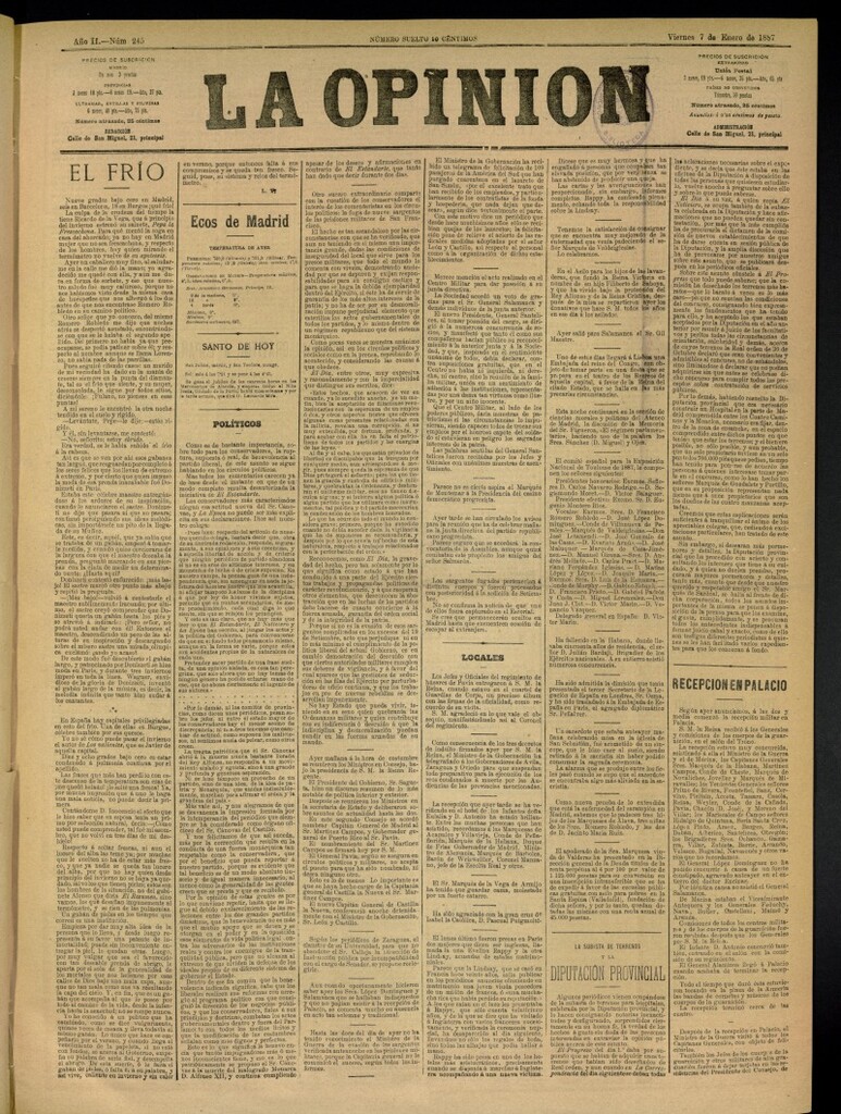 Miniatura de La Opinión del 7 de enero de 1887, nº 245