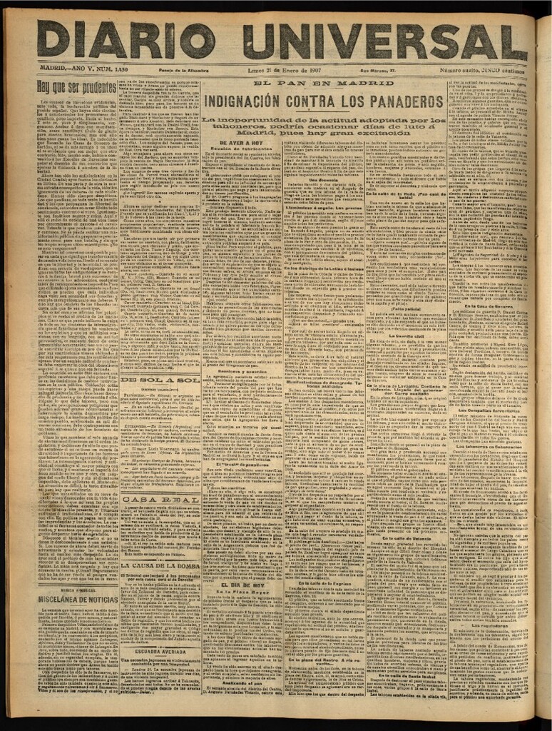 Miniatura de Diario Universal del 21 de enero de 1907, edición de noche