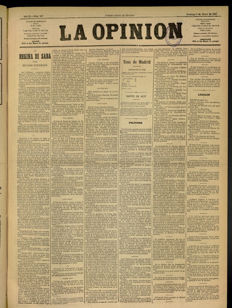 Miniatura de La Opinión del 9 de enero de 1887, nº 247
