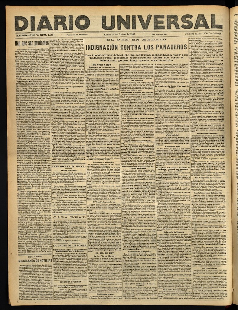 Miniatura de Diario Universal del 21 de enero de 1907, edición de tarde
