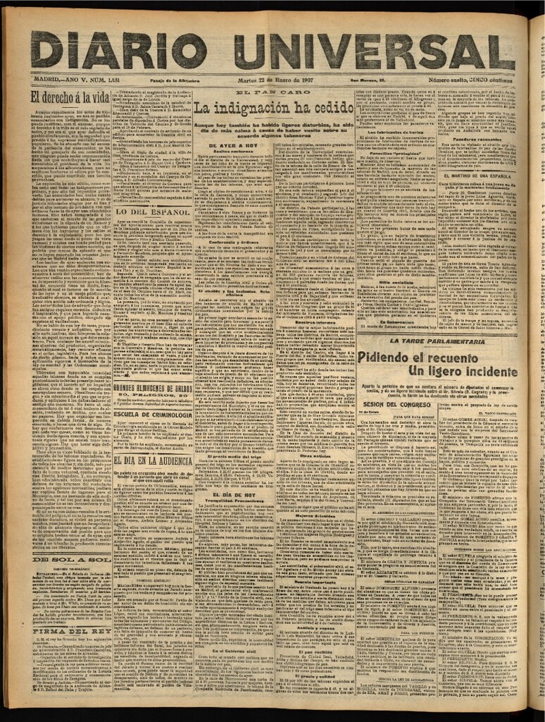 Miniatura de Diario Universal del 22 de enero de 1907, edición de noche